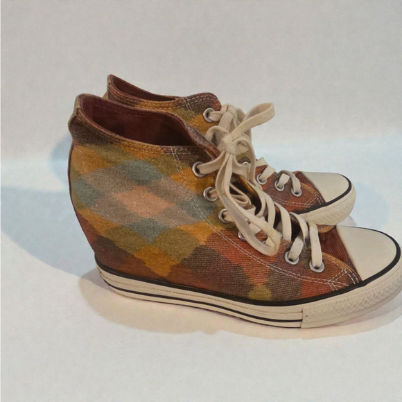 Women's Converse Plaid Wedge Sneakers Brown Orange Size 8 - Picture 2 of 5
